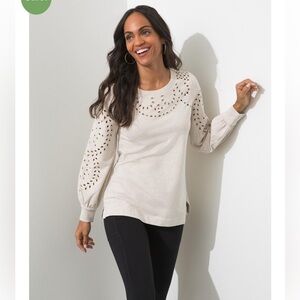 Women’s Chico’s Zenergy French Terry Cutwork Top Natural Tan Heather Size 12/14